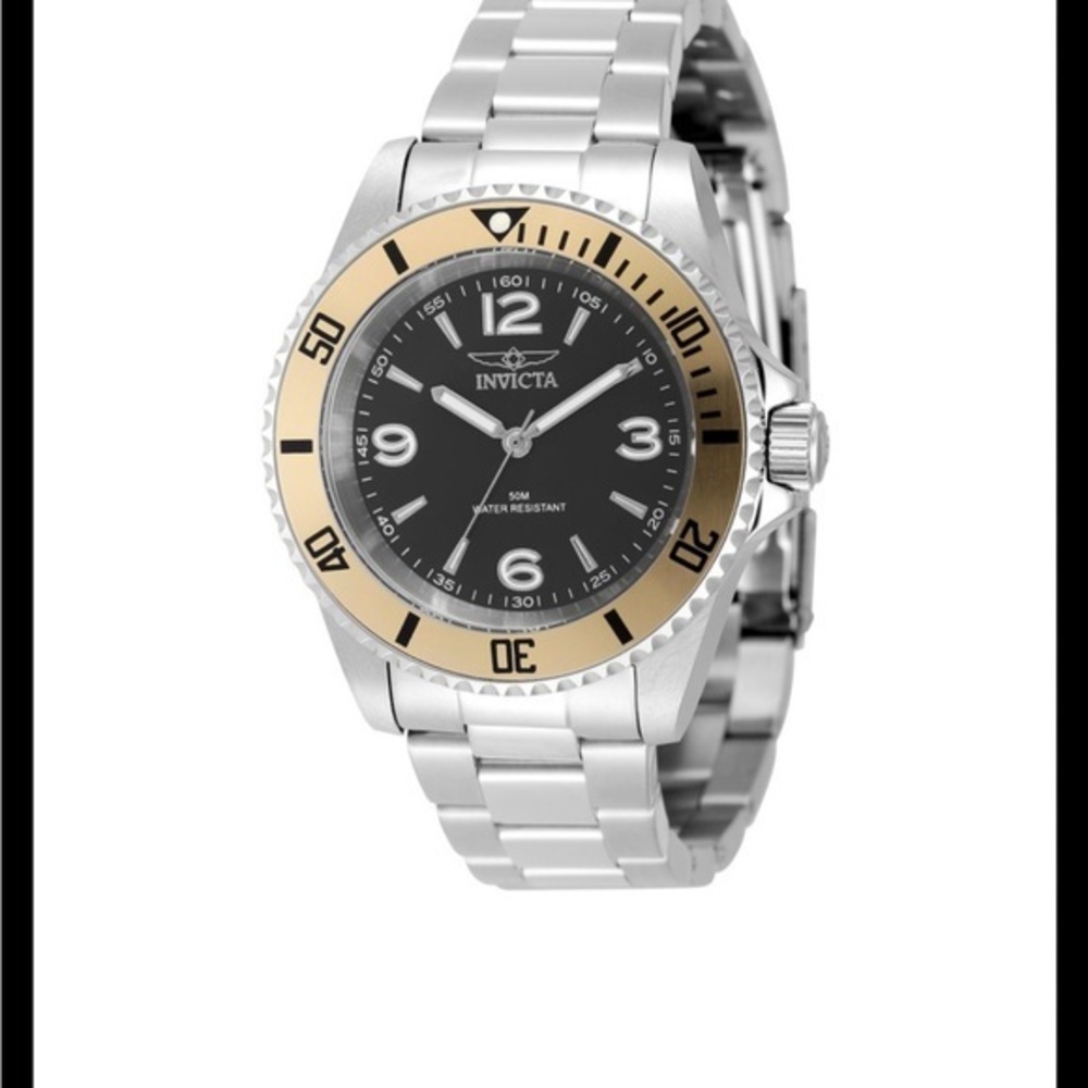 Invicta Model 49349 stainless steal quartz blk silver gold water resistant watch